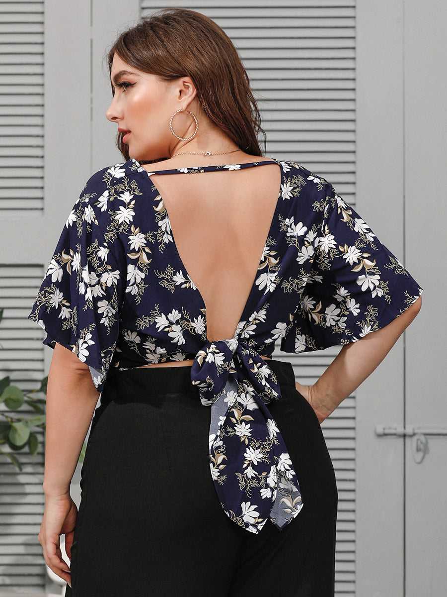 Plus Size Fashion Women V Neck Flower Printing Backless Blouse Shirt - Fashionpara