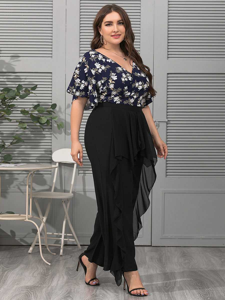 Plus Size Fashion Women V Neck Flower Printing Backless Blouse Shirt - Fashionpara