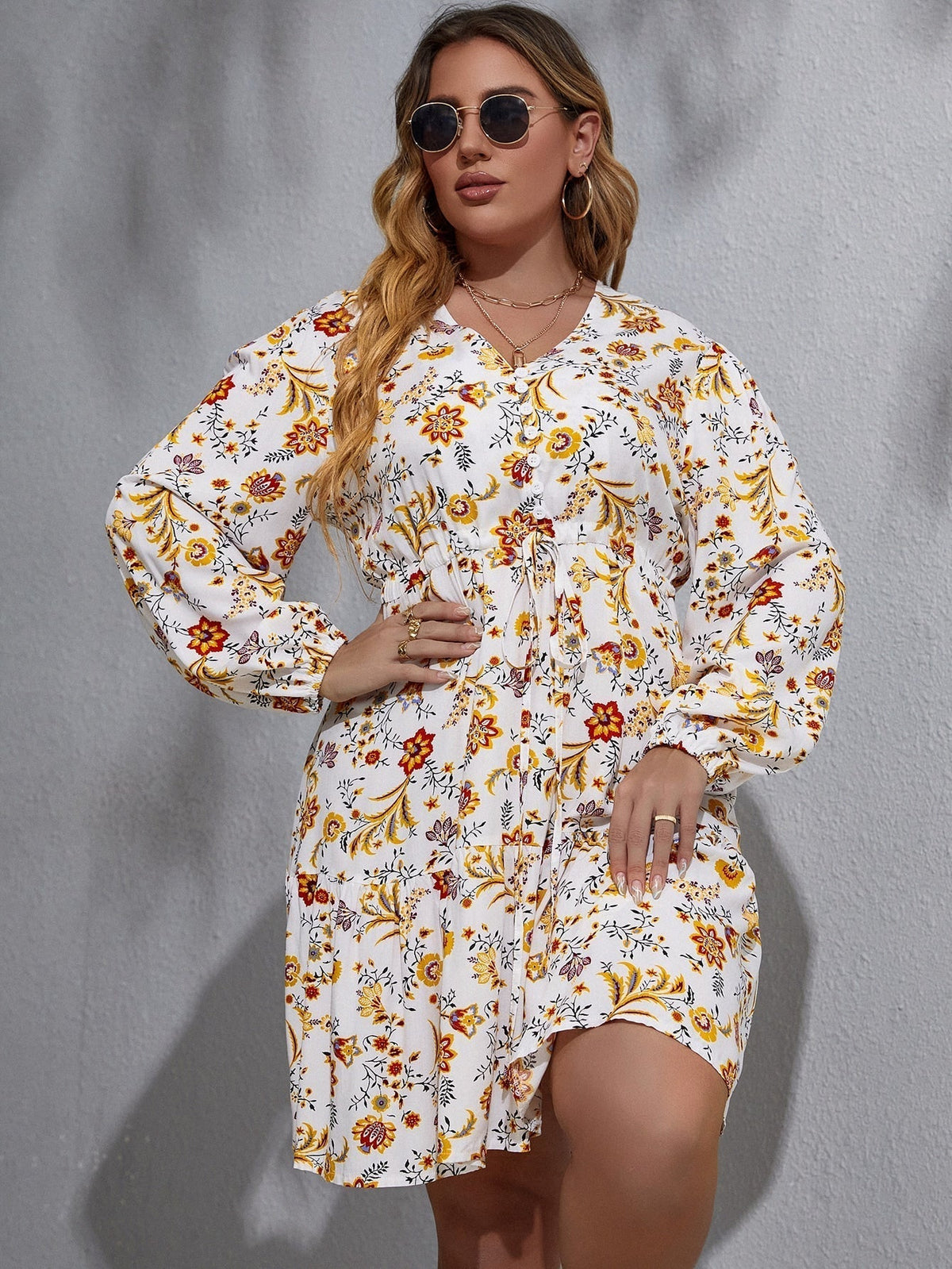 Floral Print V-Neck Long Sleeve Tiered Mini Dress