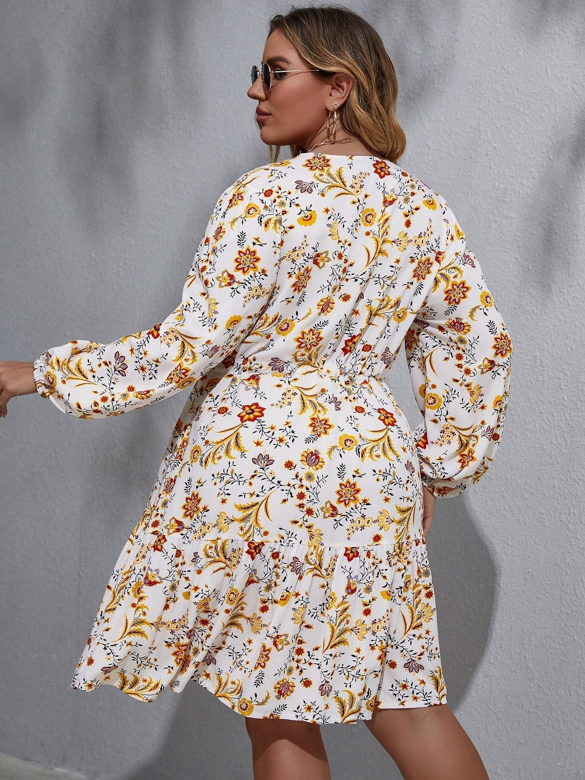 Floral Print V-Neck Long Sleeve Tiered Mini Dress