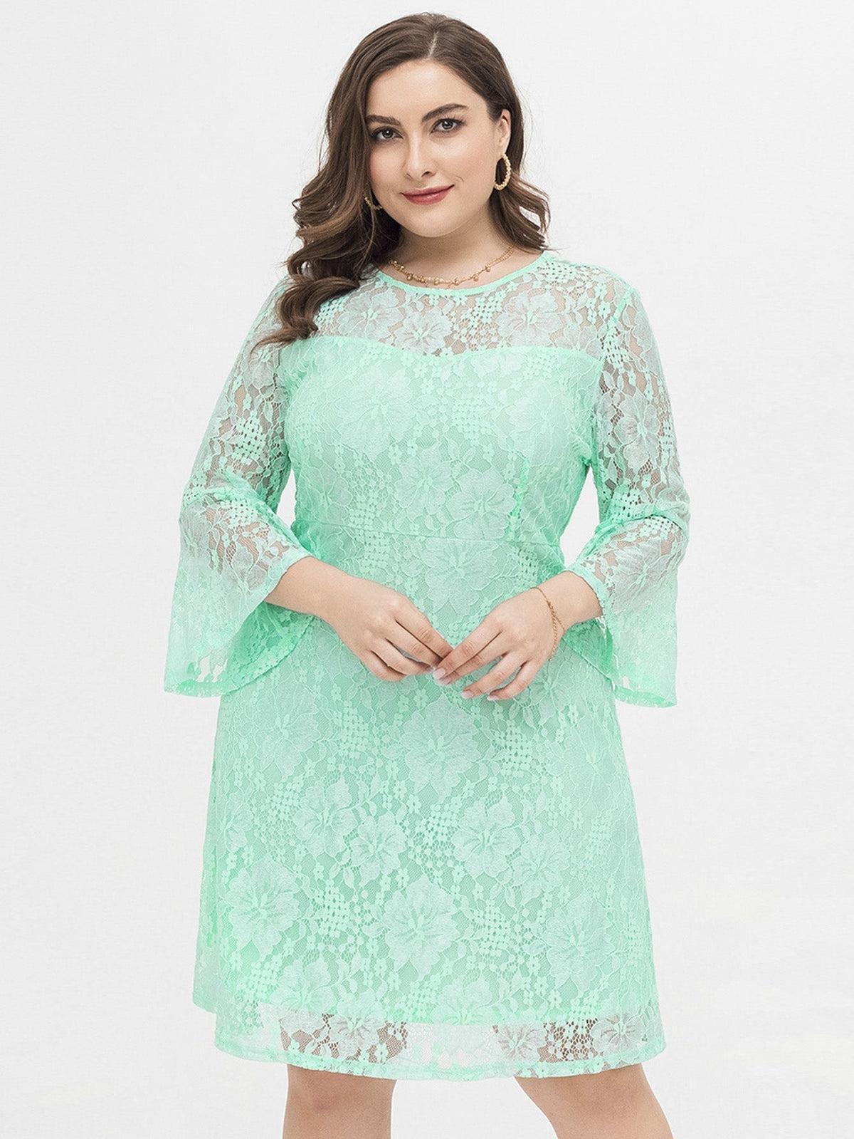 KittenAlarm - Plus Size Flounce Sleeve Lace Dress