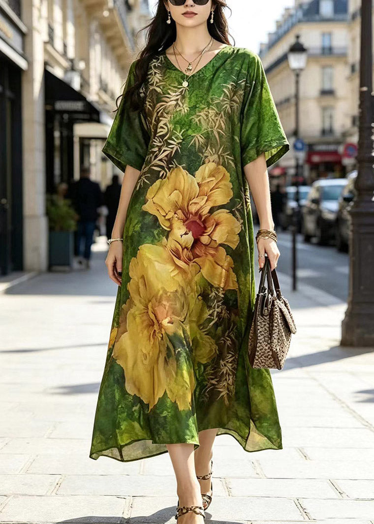 Satin Floral Print V-Neck Kimono Sleeve Relaxed A-Line Maxi Dress