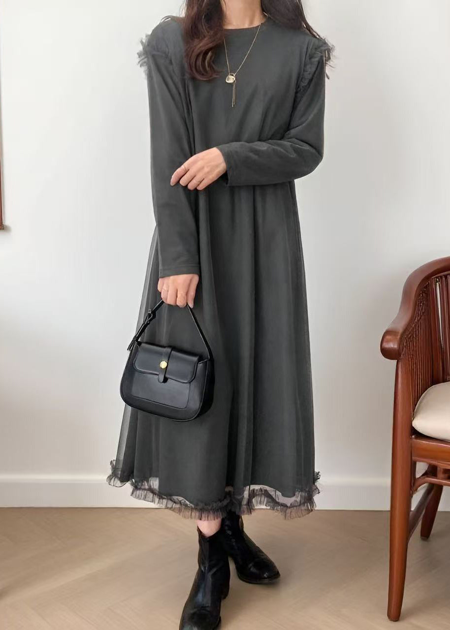 Long Sleeve Round Neck Tulle Overlay Ruffle Hem Midi Dress - View 2