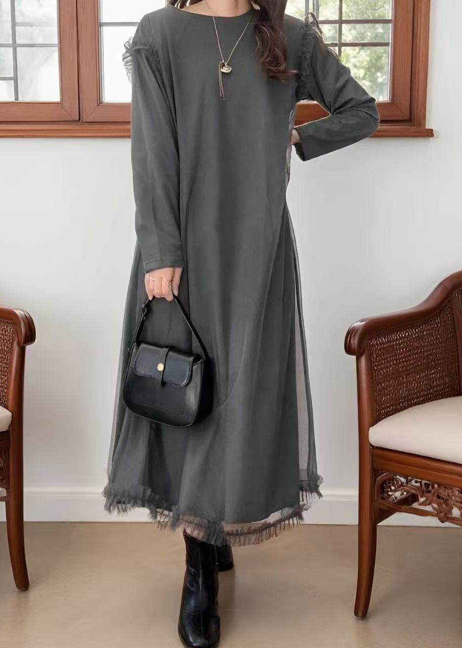 Long Sleeve Round Neck Tulle Overlay Ruffle Hem Midi Dress - View 3