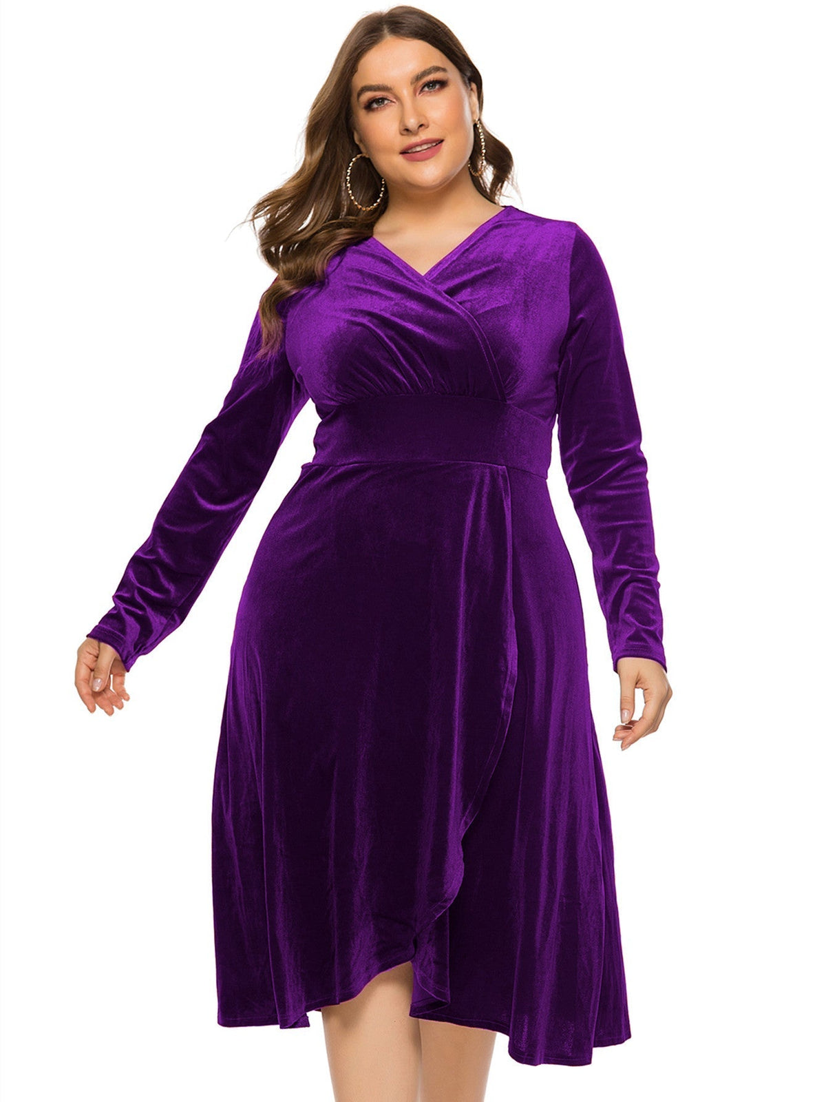 KittenAlarm - Plus Size High-low Velvet Long Sleeve Party Dress