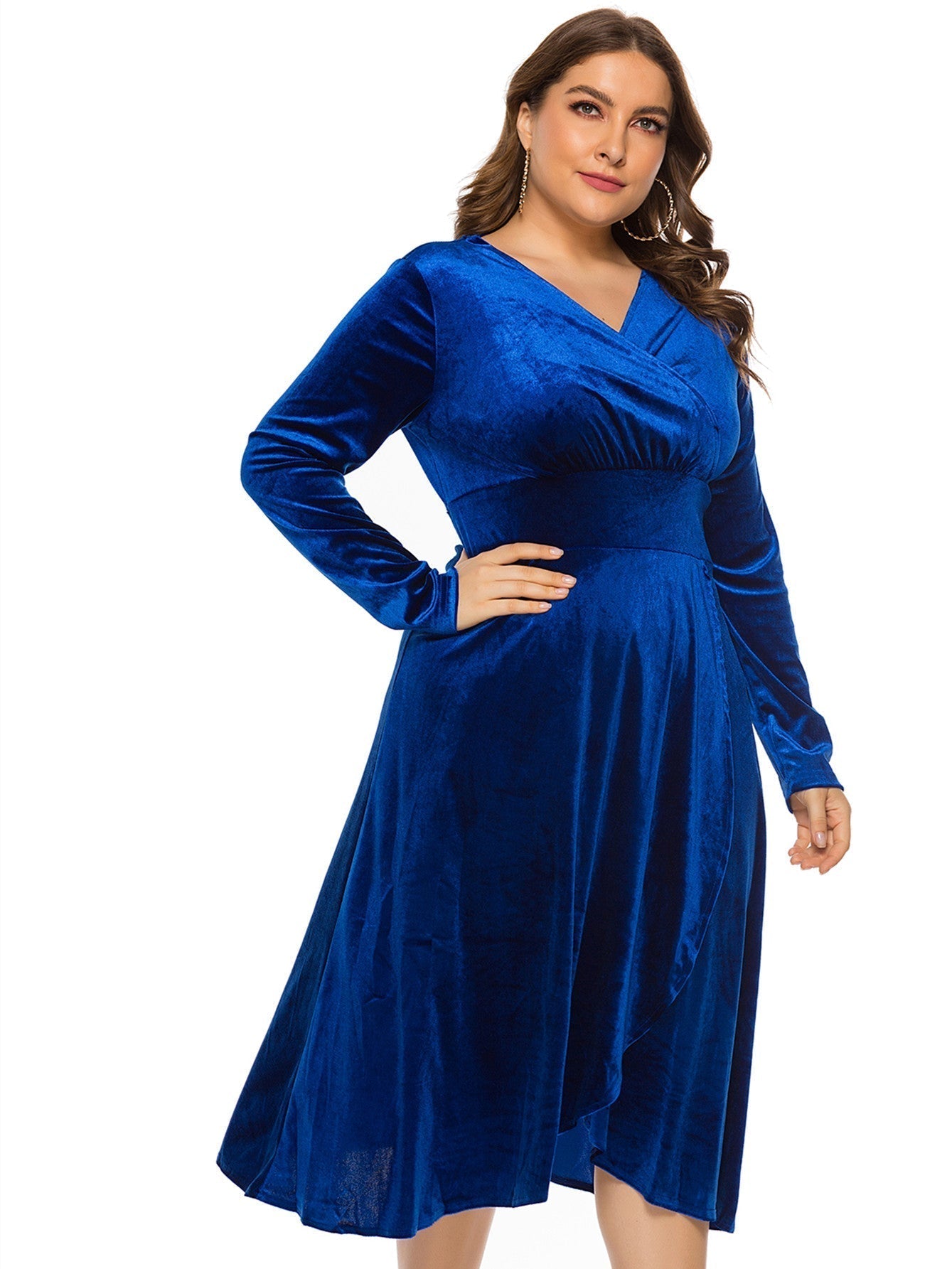 Plus Size High-low Velvet Long Sleeve Party Dress - Fashionpara