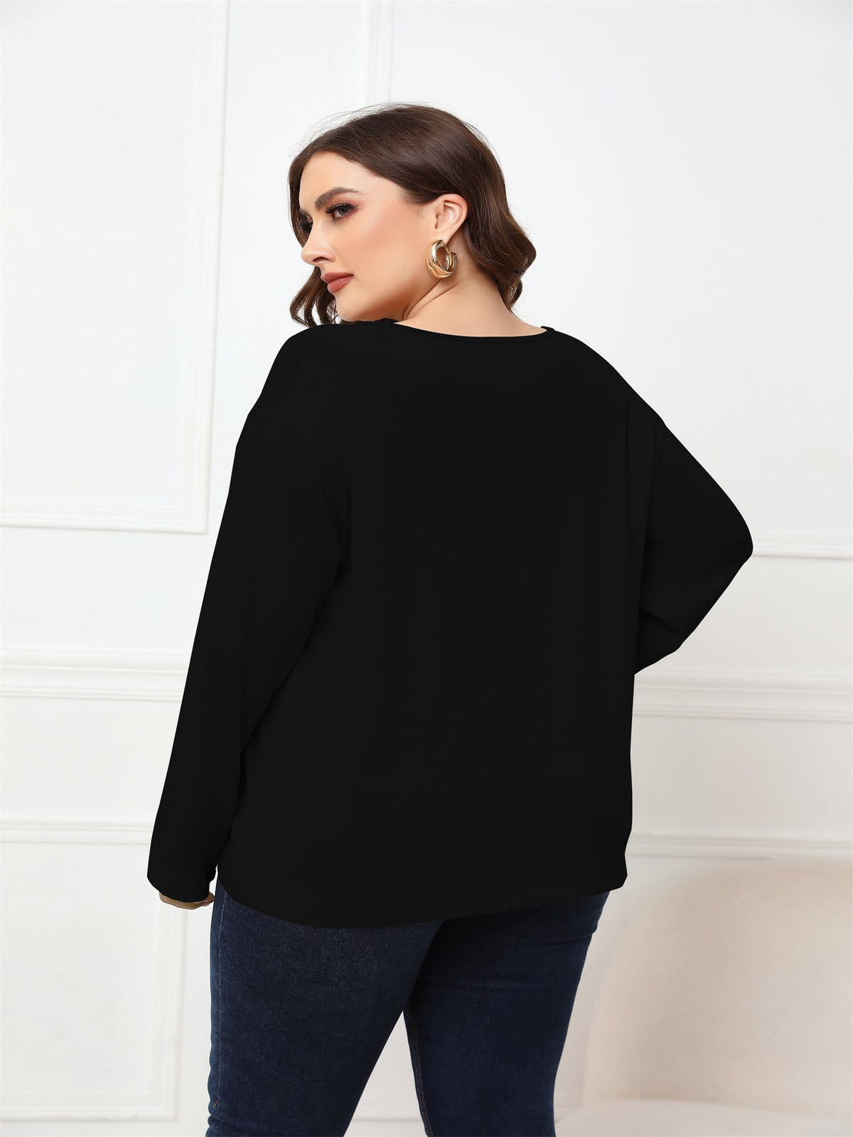 KittenAlarm - Plus Size Long Sleeve Crisscross Neck Top Blouse