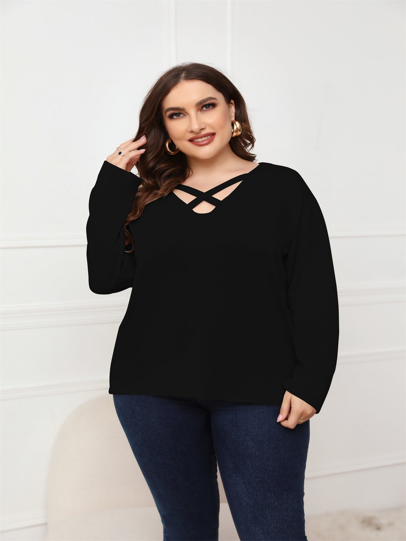 Plus Size Long Sleeve Crisscross Neck Top Blouse - Fashionpara