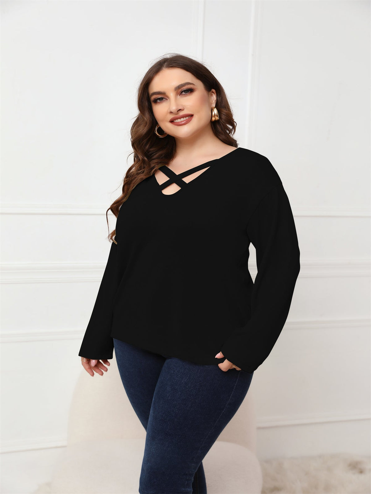 KittenAlarm - Plus Size Long Sleeve Crisscross Neck Top Blouse