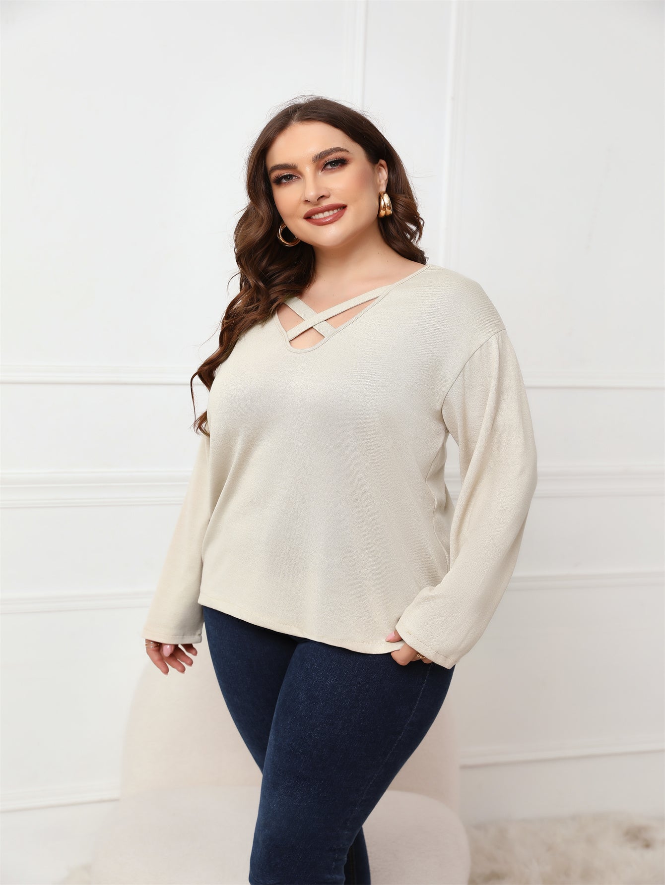 Plus Size Long Sleeve Crisscross Neck Top Blouse - Fashionpara