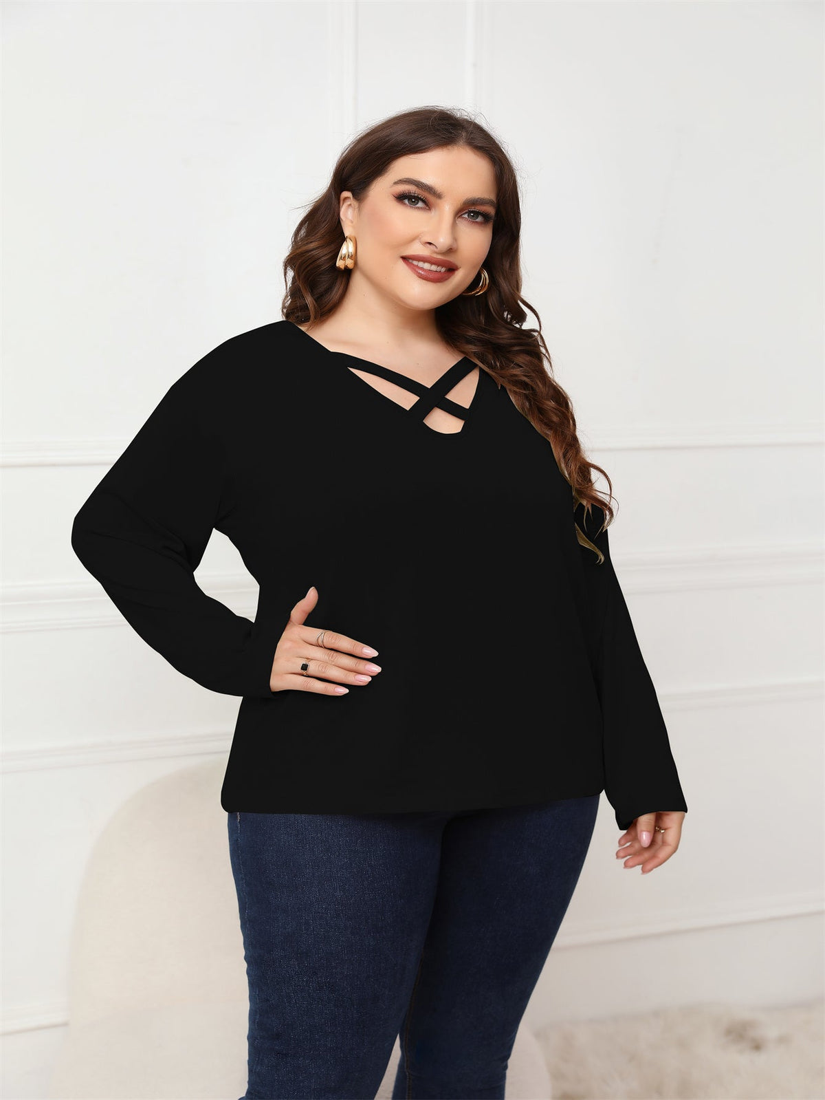 KittenAlarm - Plus Size Long Sleeve Crisscross Neck Top Blouse