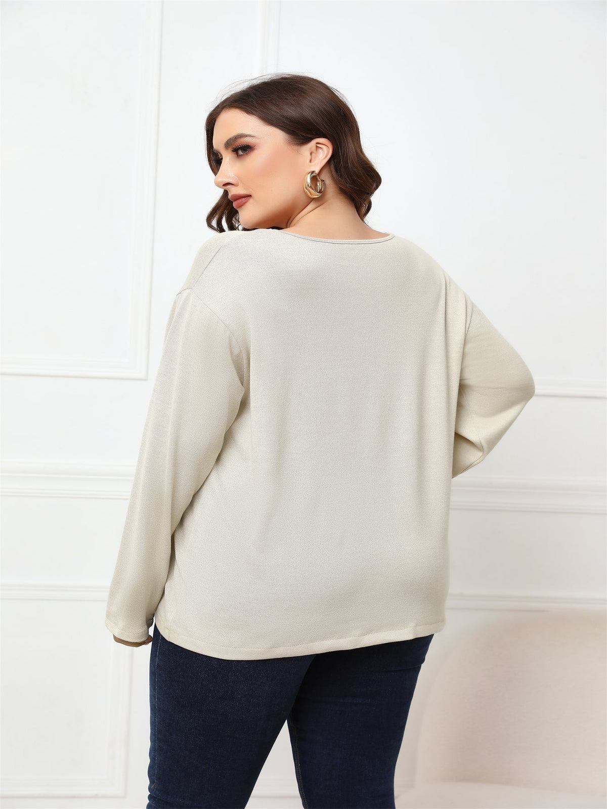 KittenAlarm - Plus Size Long Sleeve Crisscross Neck Top Blouse