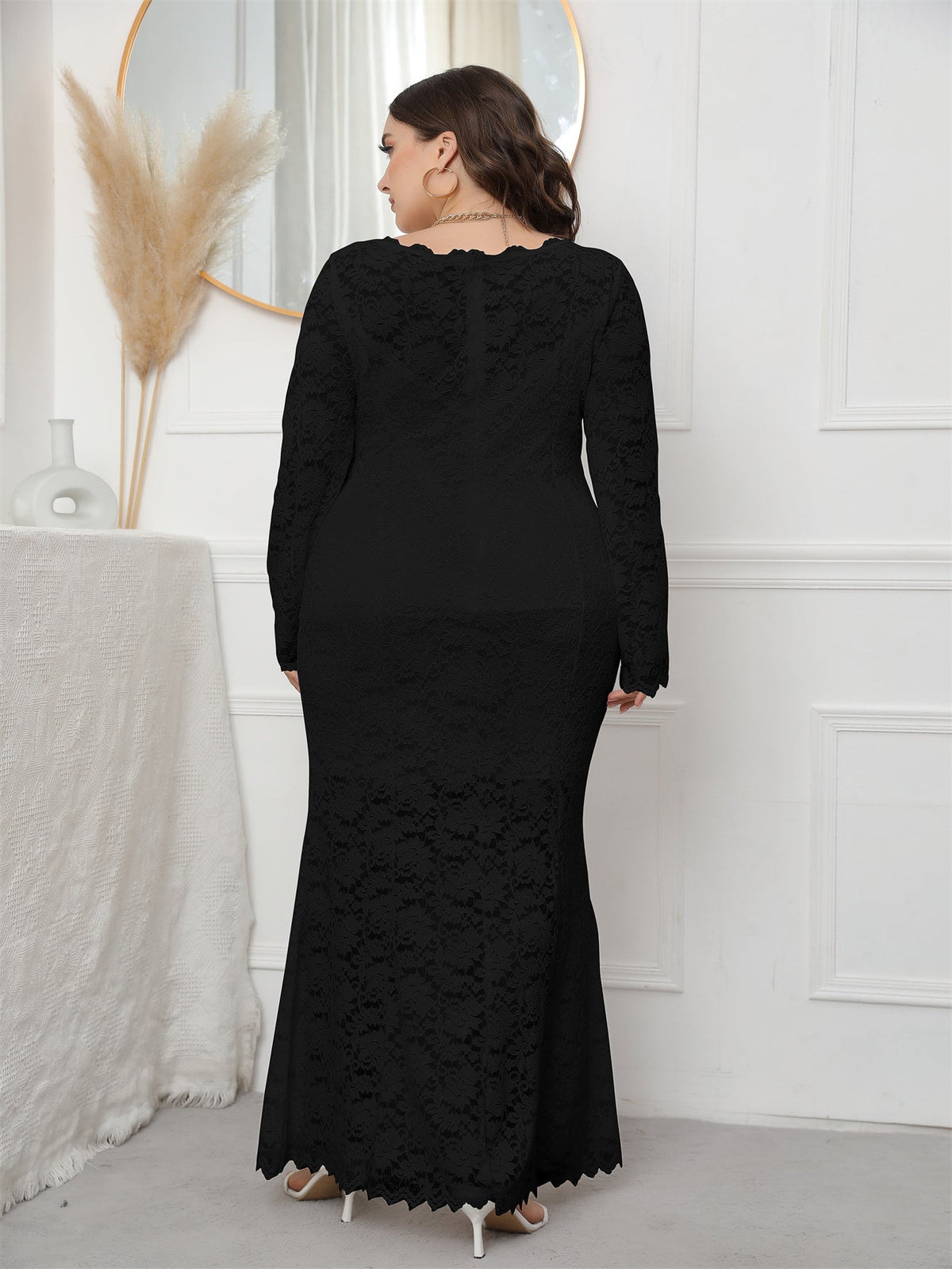Lace Round Neck Long Sleeve Mermaid Maxi Dress