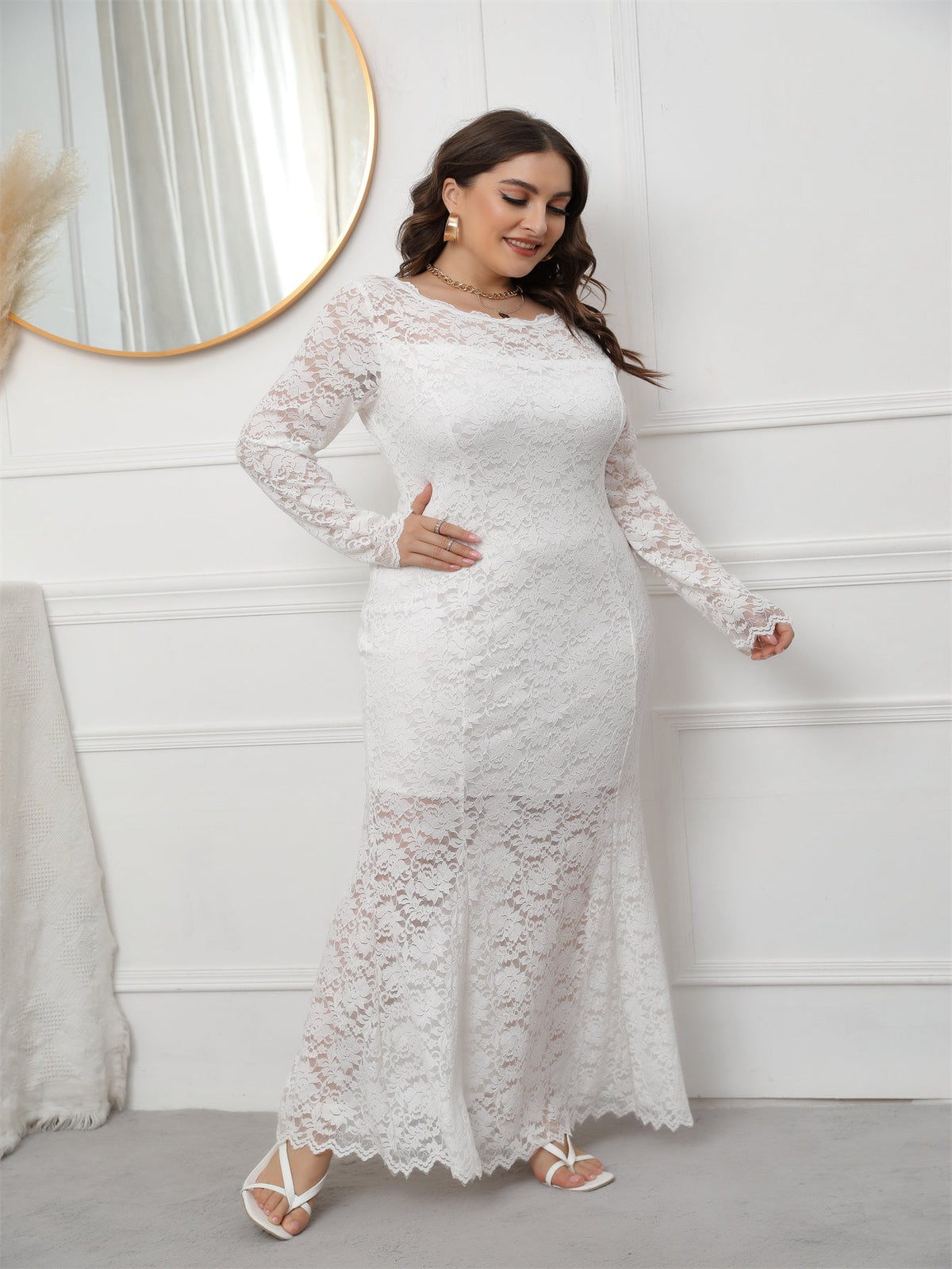 Lace Round Neck Long Sleeve Mermaid Maxi Dress