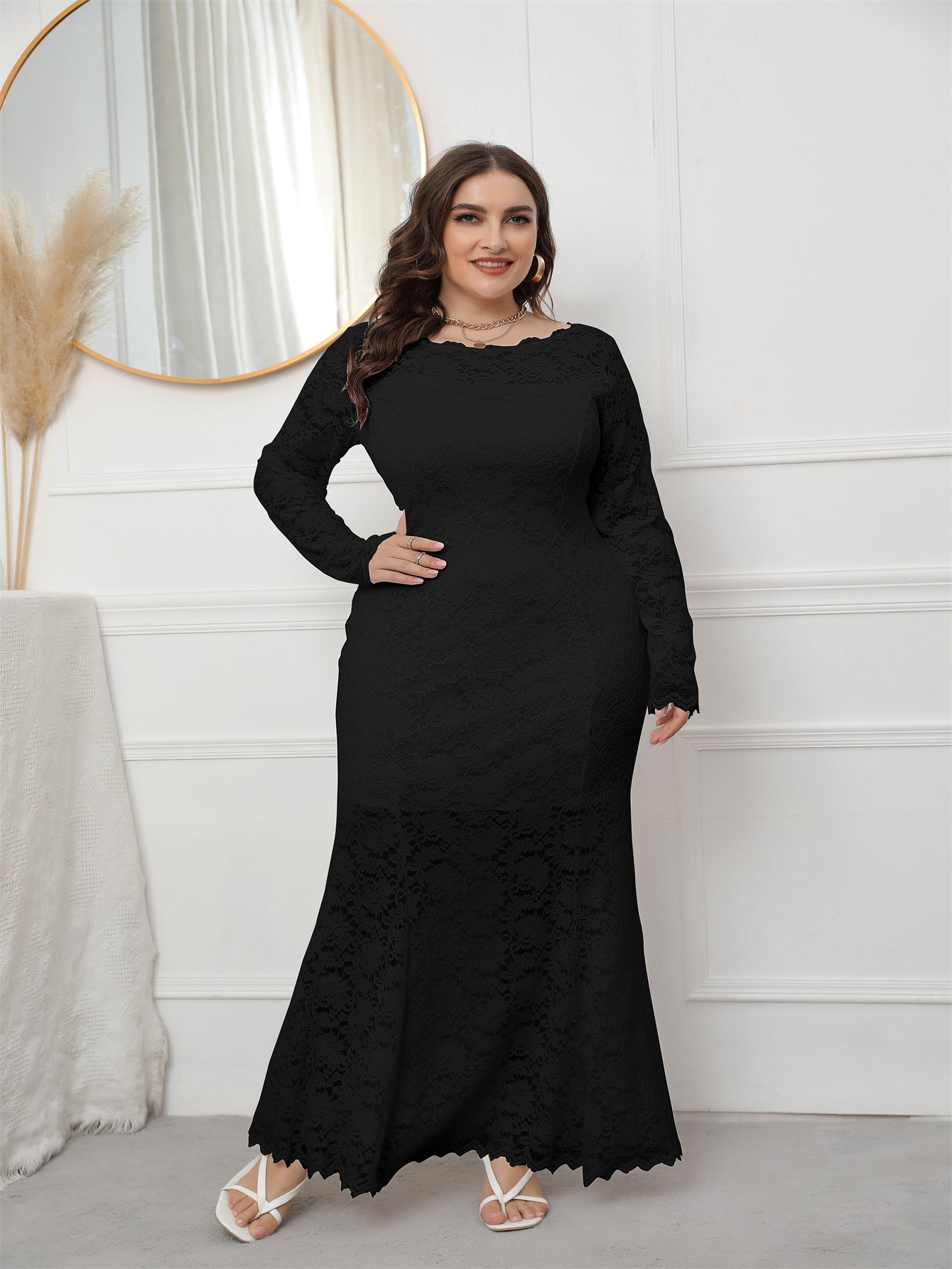 Plus Size Long Sleeve Mermaid Lace Evening Dress HIGH ELASTIC TRUE TO SIZE - Fashionpara