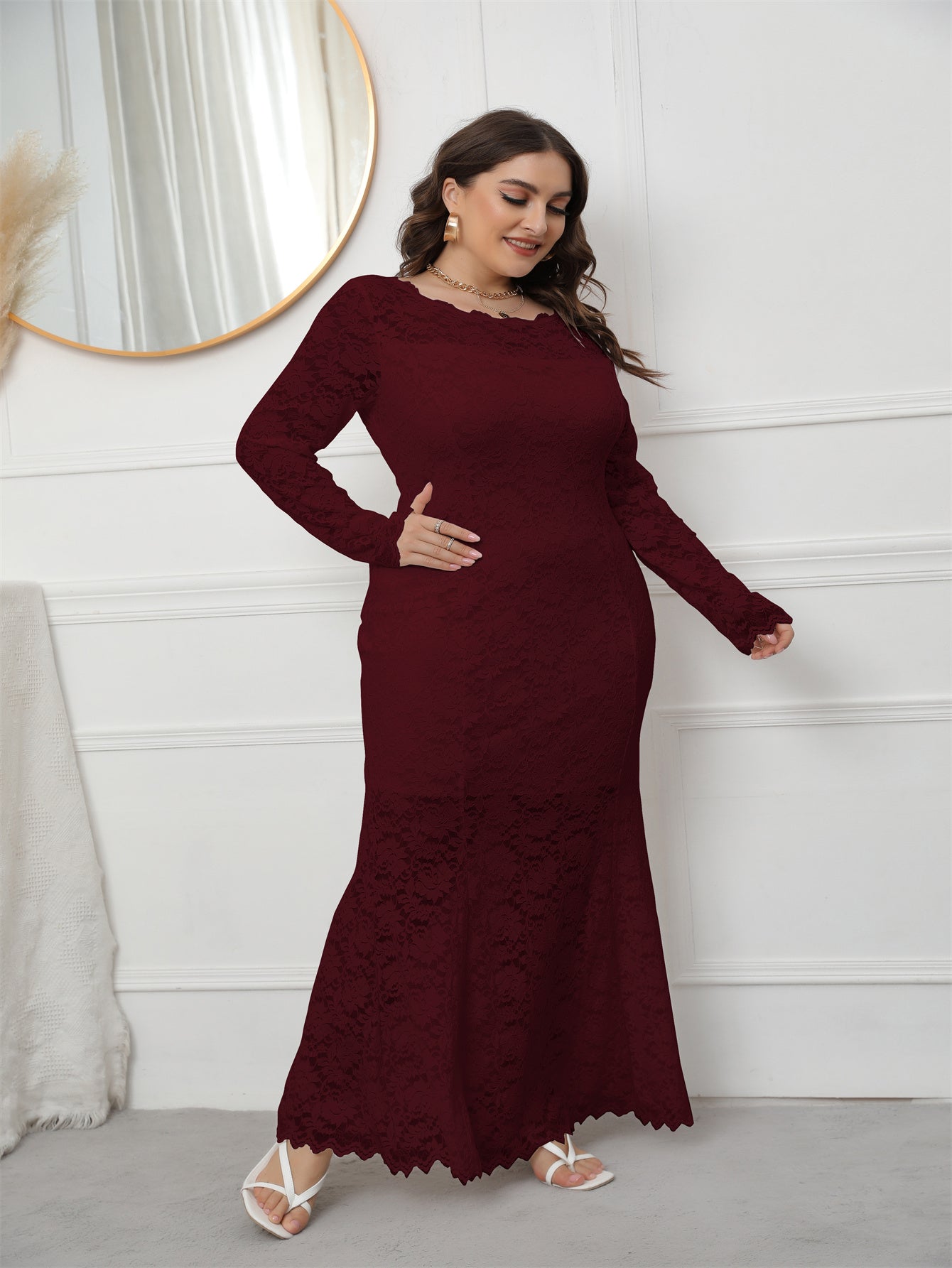 Plus Size Long Sleeve Mermaid Lace Evening Dress HIGH ELASTIC TRUE TO SIZE - Fashionpara
