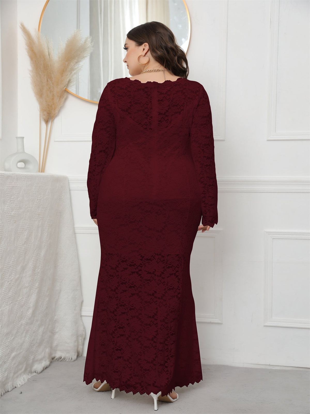 Lace Round Neck Long Sleeve Mermaid Maxi Dress