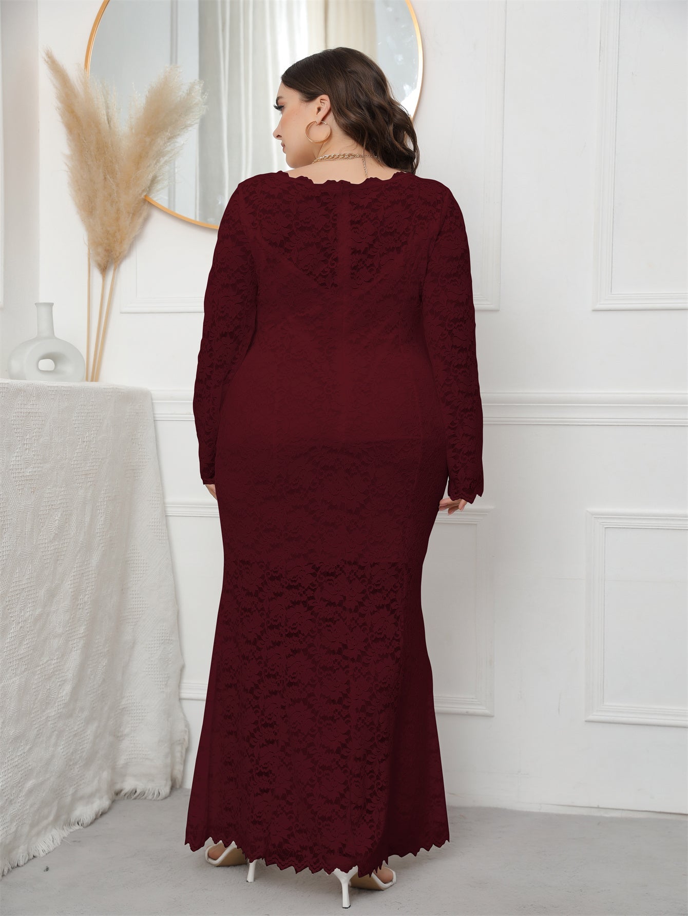 Plus Size Long Sleeve Mermaid Lace Evening Dress HIGH ELASTIC TRUE TO SIZE - Fashionpara