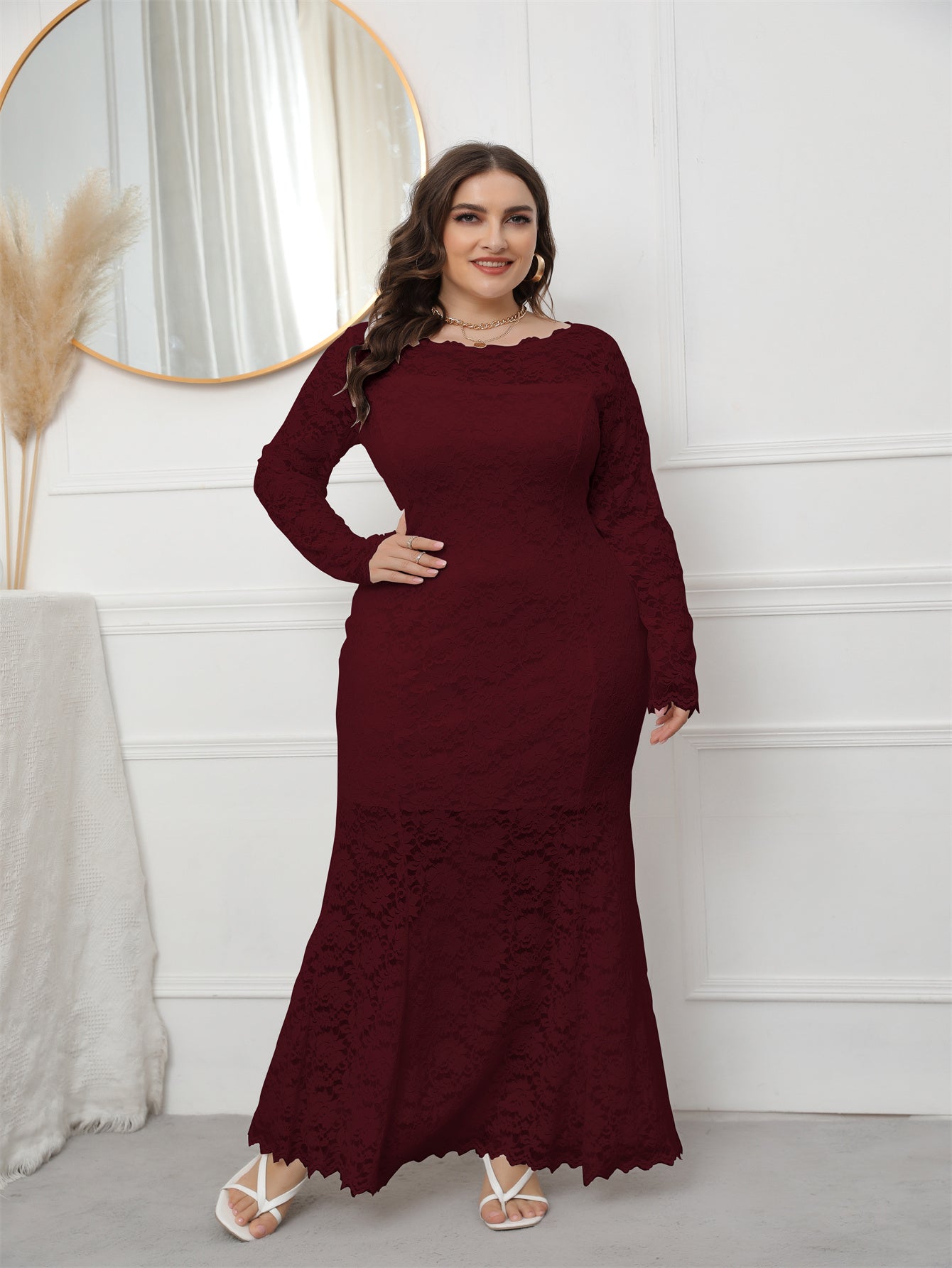 Plus Size Long Sleeve Mermaid Lace Evening Dress HIGH ELASTIC TRUE TO SIZE - Fashionpara