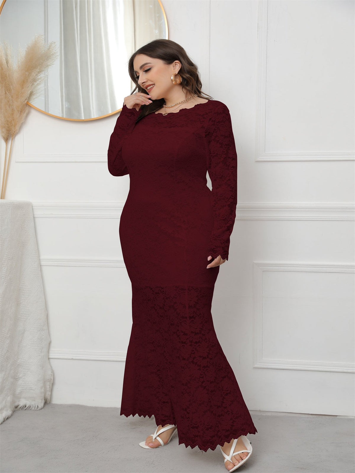 Lace Round Neck Long Sleeve Mermaid Maxi Dress