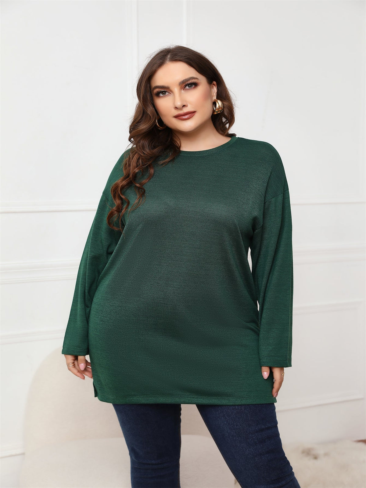 KittenAlarm - Plus Size Long Sleeve Round Neck Long Top Blouse
