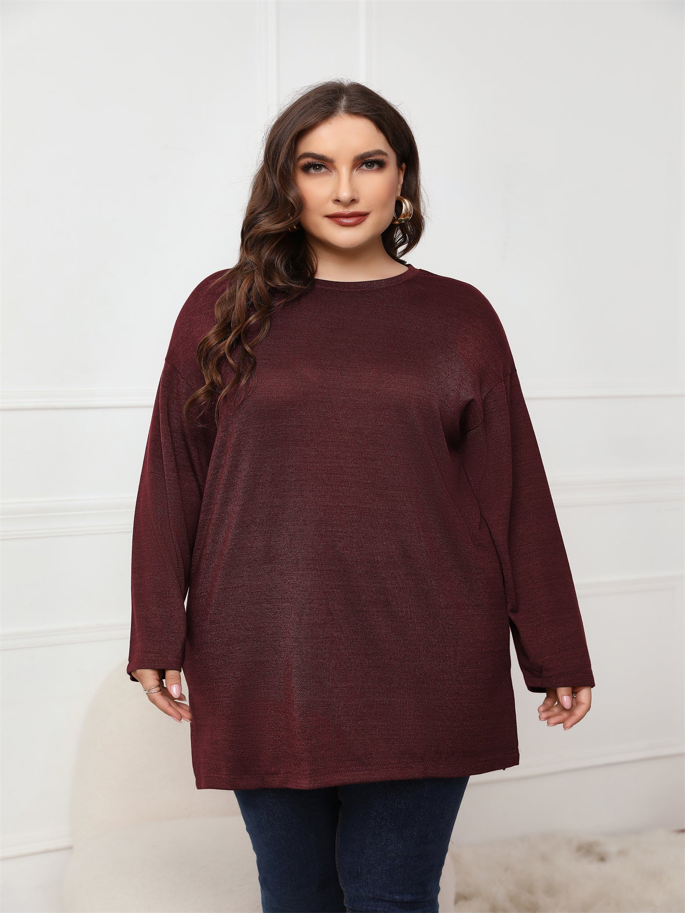 Plus Size Long Sleeve Round Neck Long Top Blouse - Fashionpara