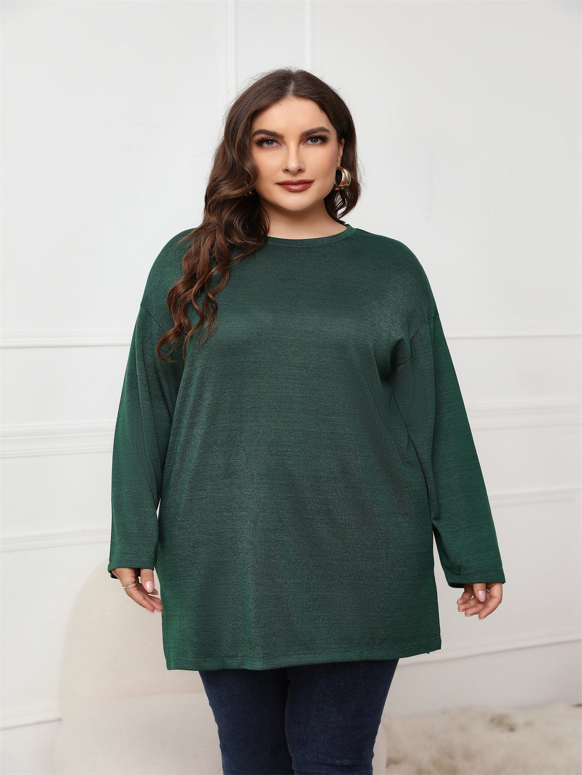 KittenAlarm - Plus Size Long Sleeve Round Neck Long Top Blouse