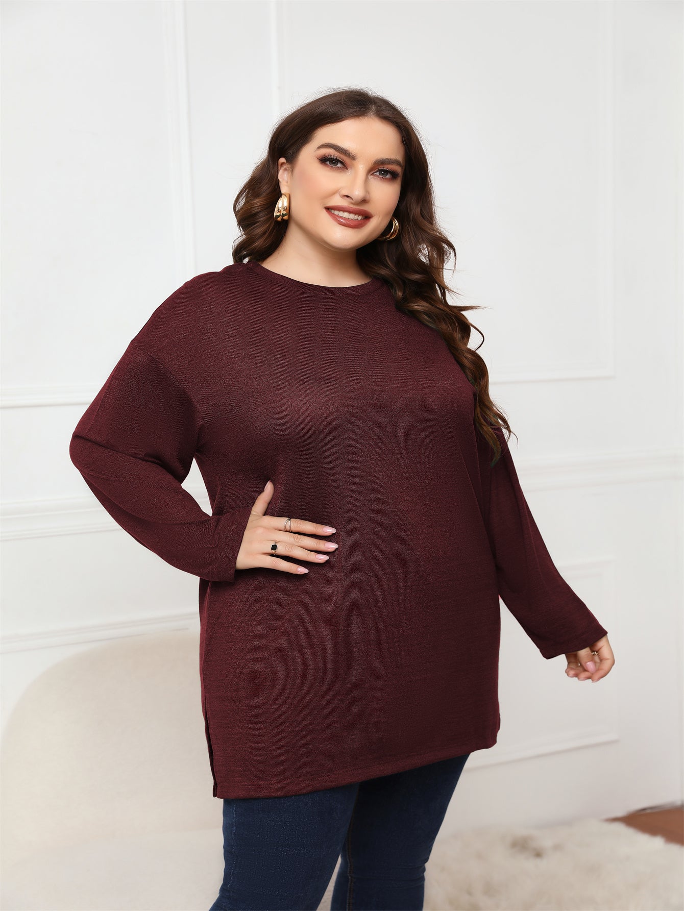 Plus Size Long Sleeve Round Neck Long Top Blouse - Fashionpara