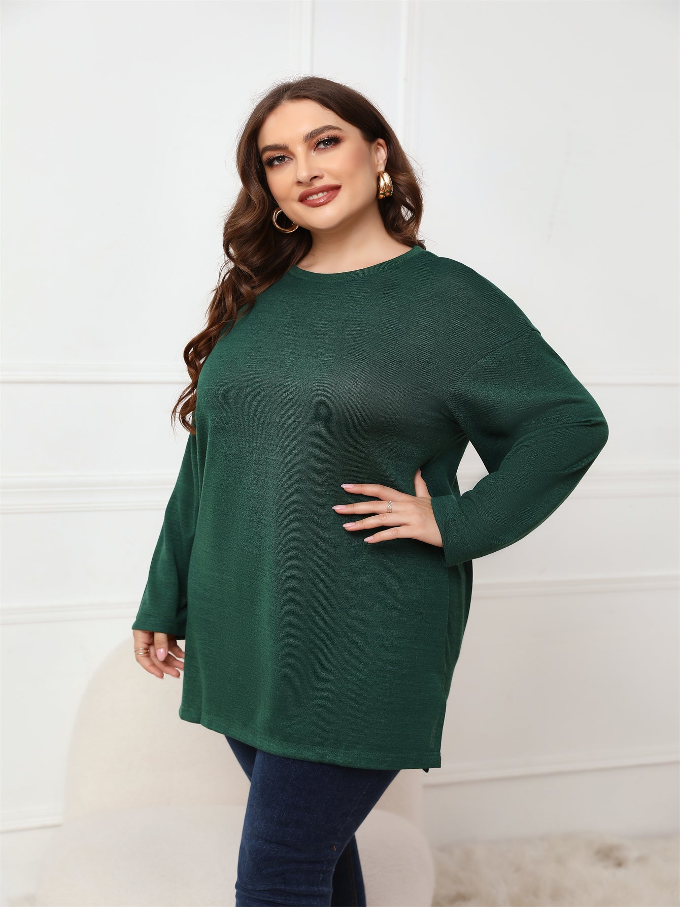 Plus Size Long Sleeve Round Neck Long Top Blouse - Fashionpara