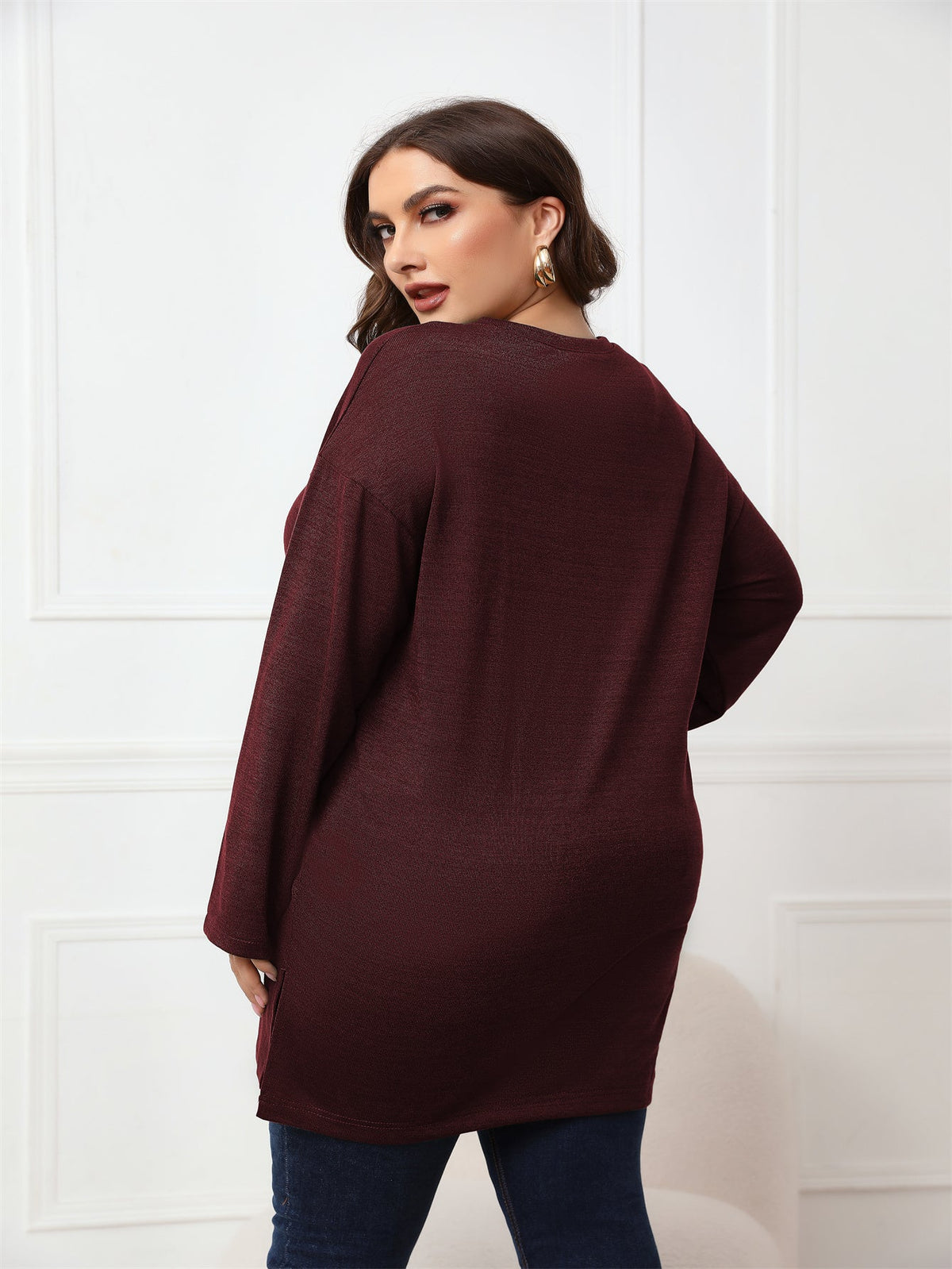 KittenAlarm - Plus Size Long Sleeve Round Neck Long Top Blouse