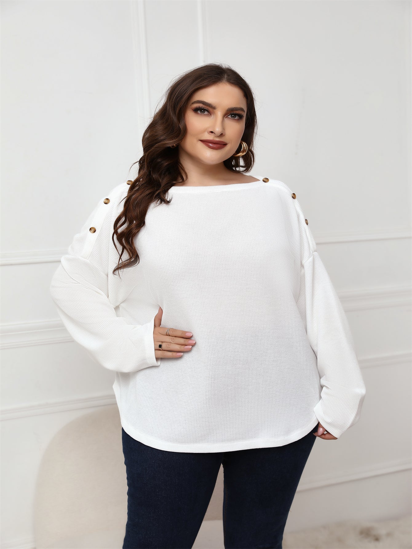 Plus Size Long Sleeve White Top Blouse - Fashionpara