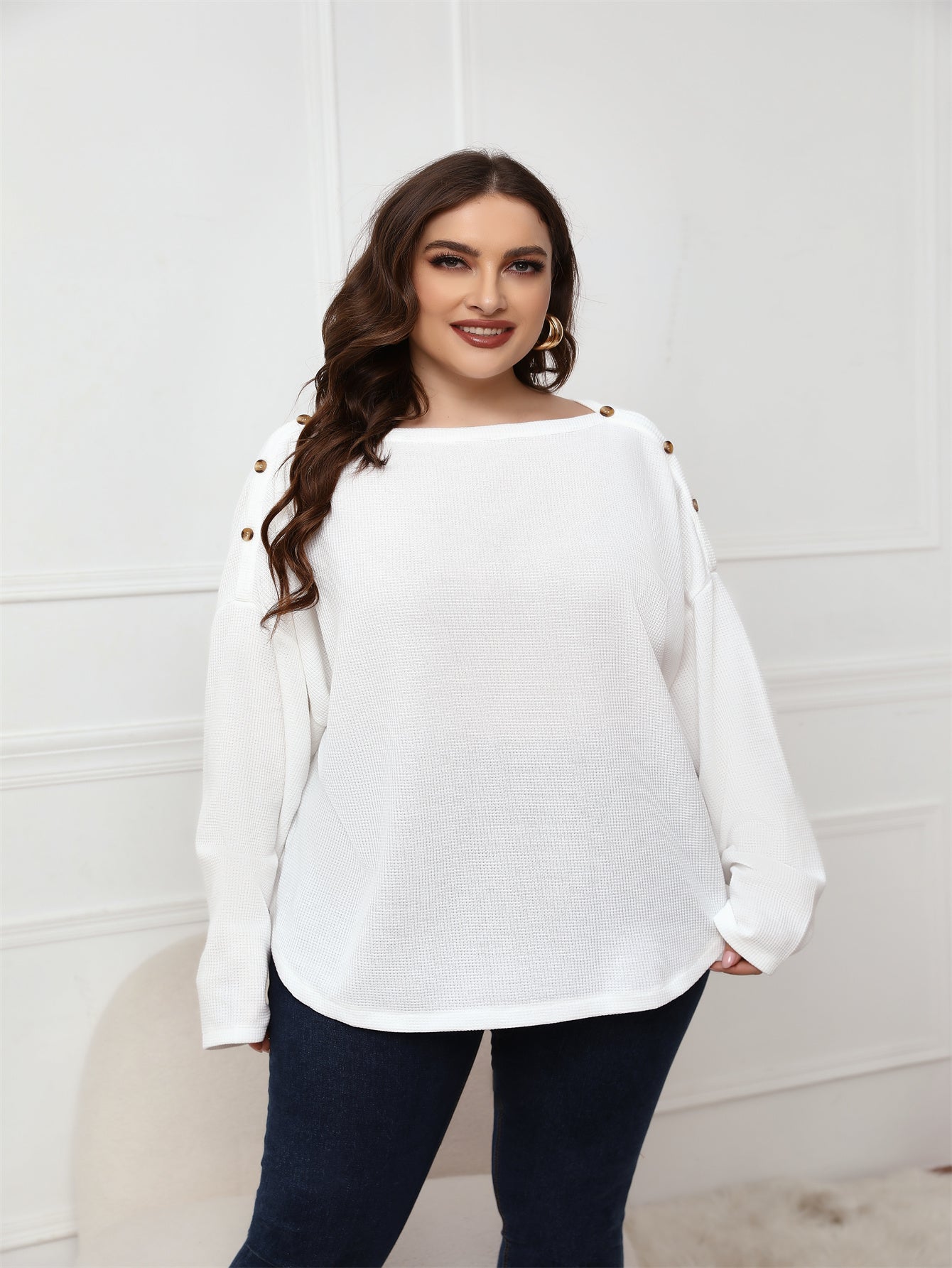Plus Size Long Sleeve White Top Blouse - Fashionpara