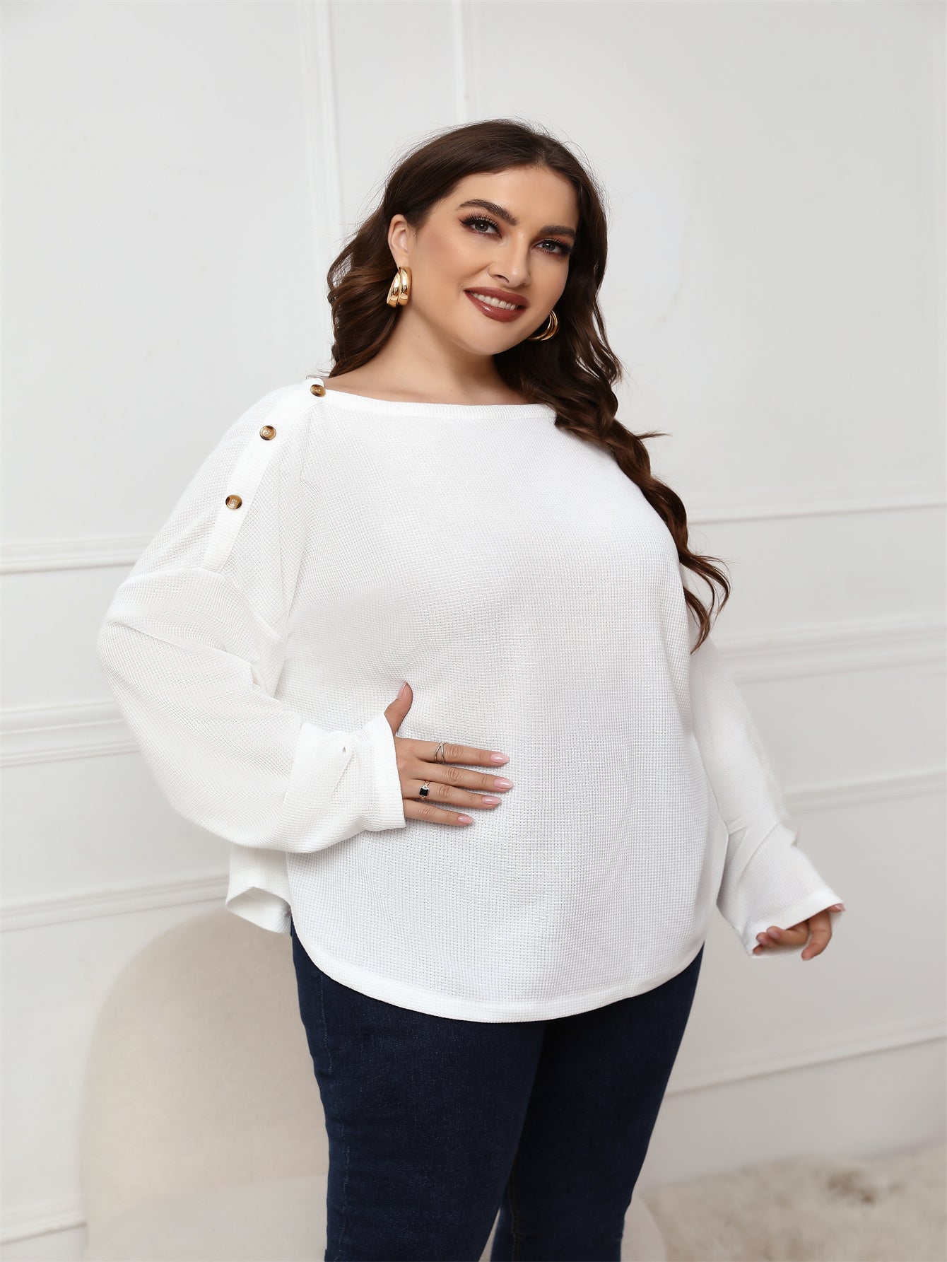 Plus Size Long Sleeve White Top Blouse - Fashionpara