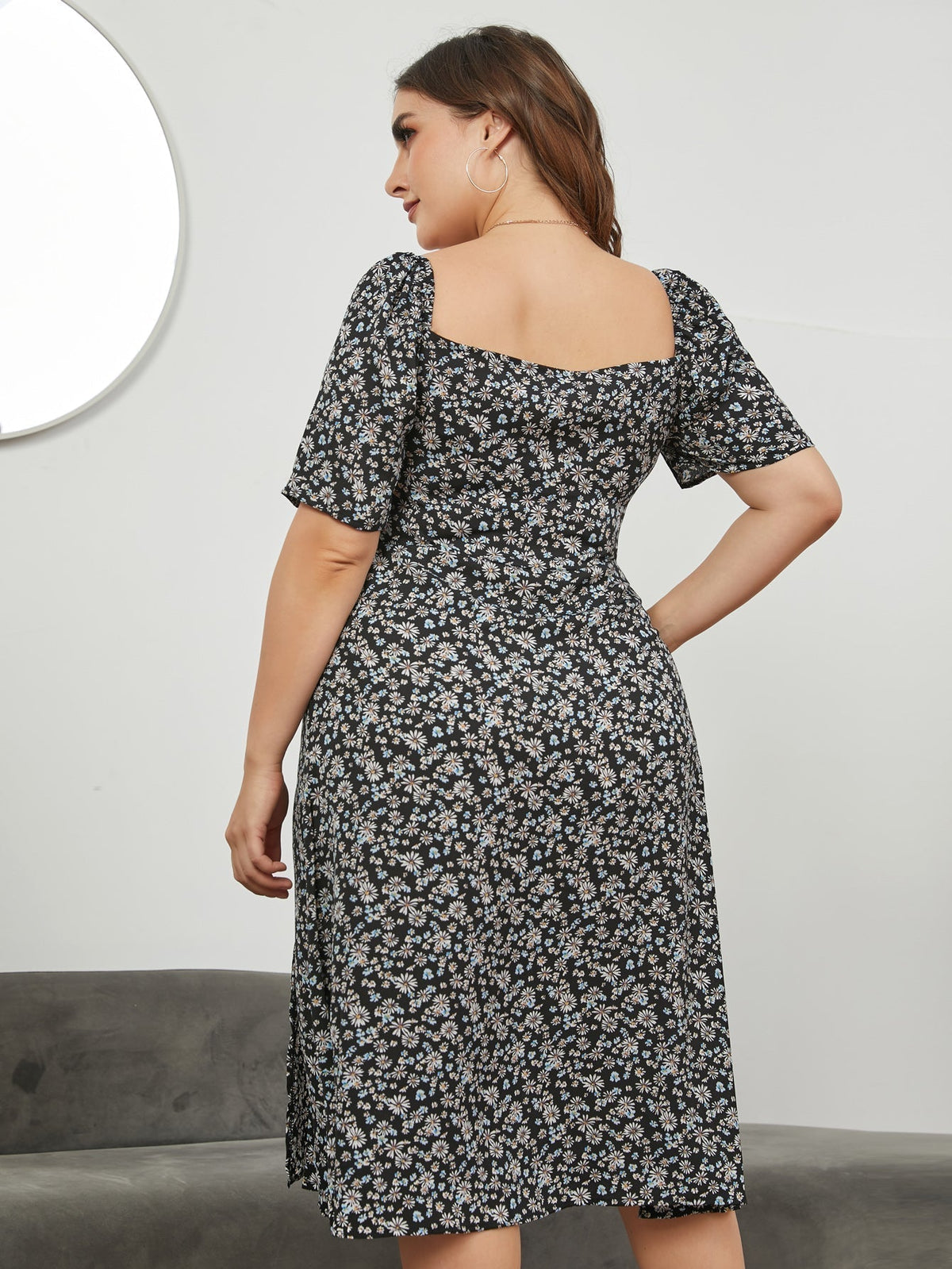 Floral Print Sweetheart Puff Sleeve Midi Dress