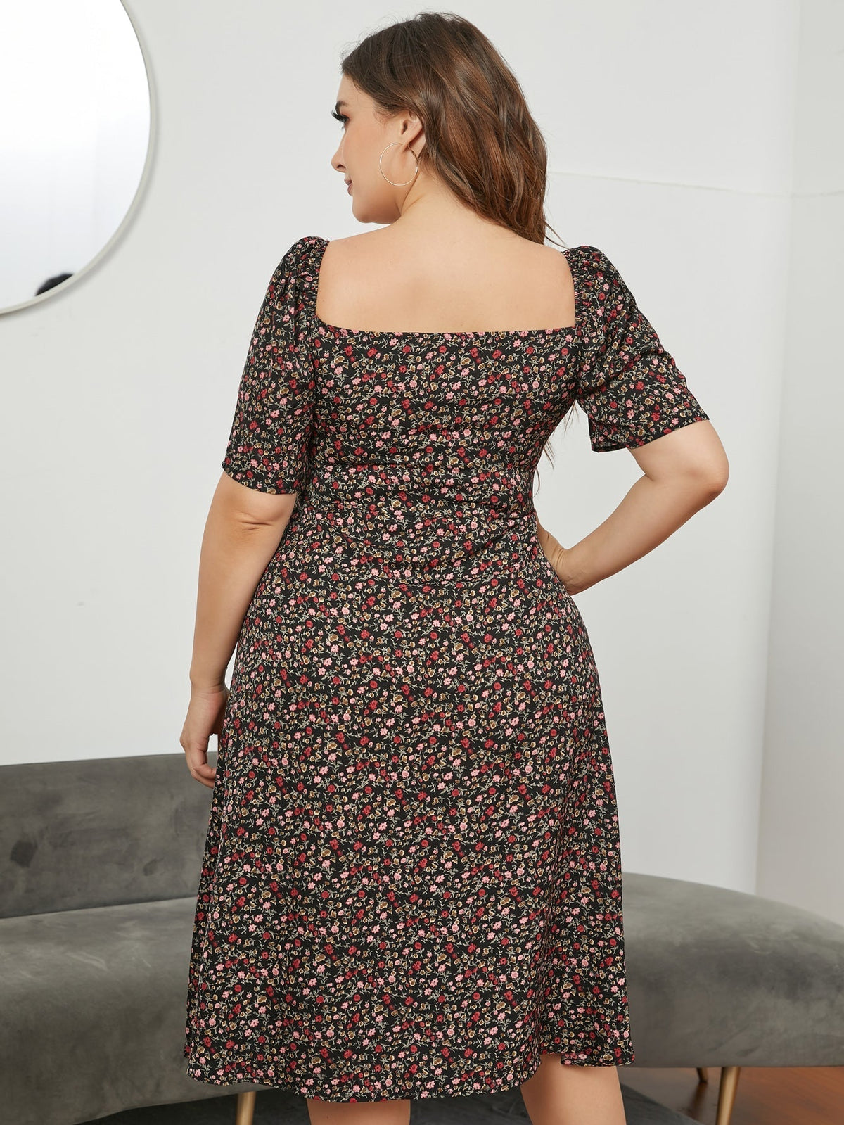 Floral Print Sweetheart Puff Sleeve Midi Dress