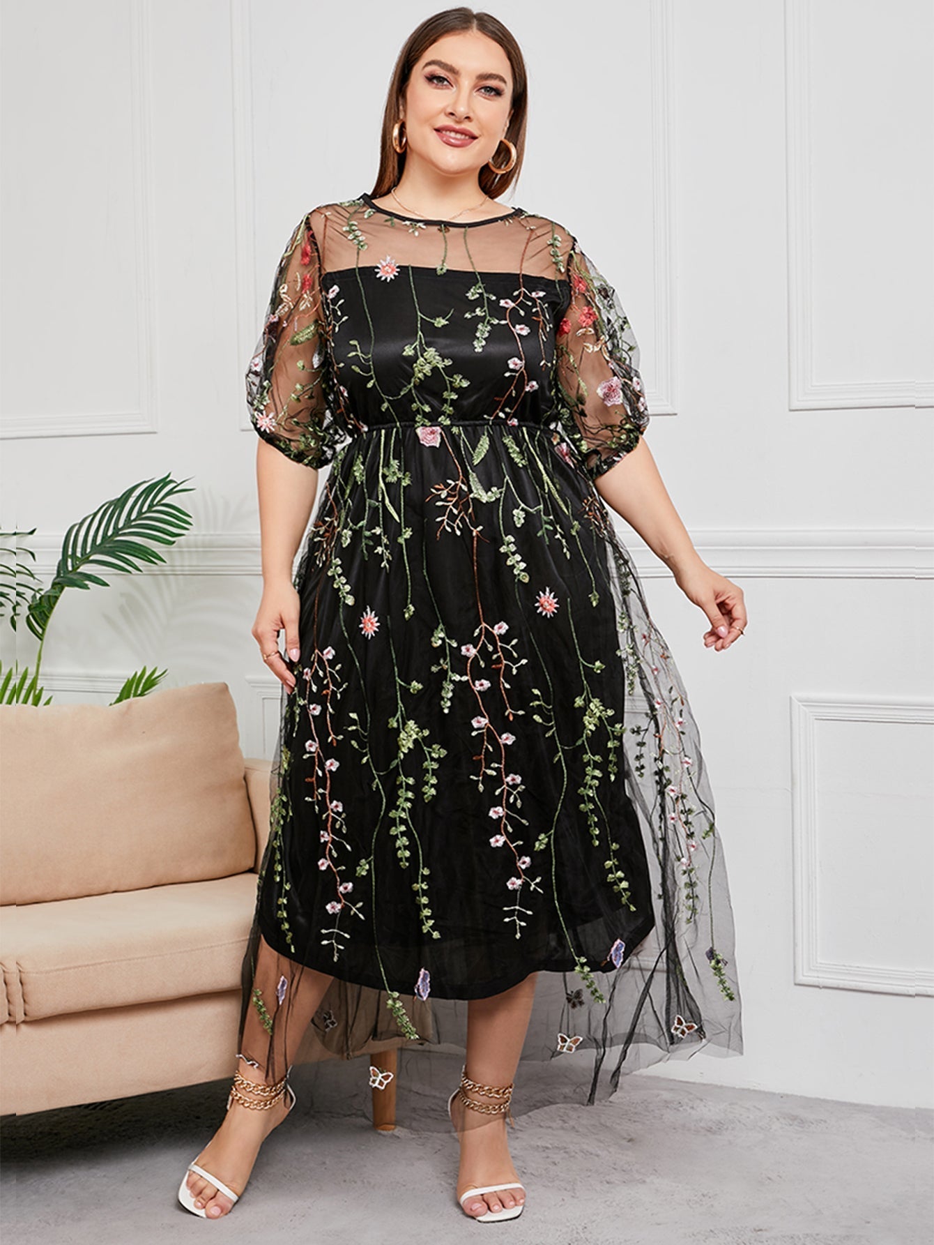 Plus Size Mesh Embroidery Party Dress - Fashionpara