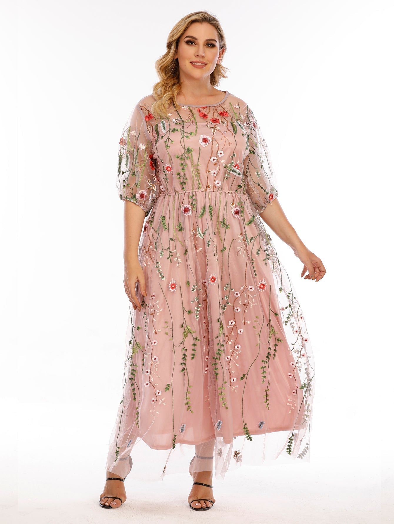 Plus Size Mesh Embroidery Party Dress - Fashionpara