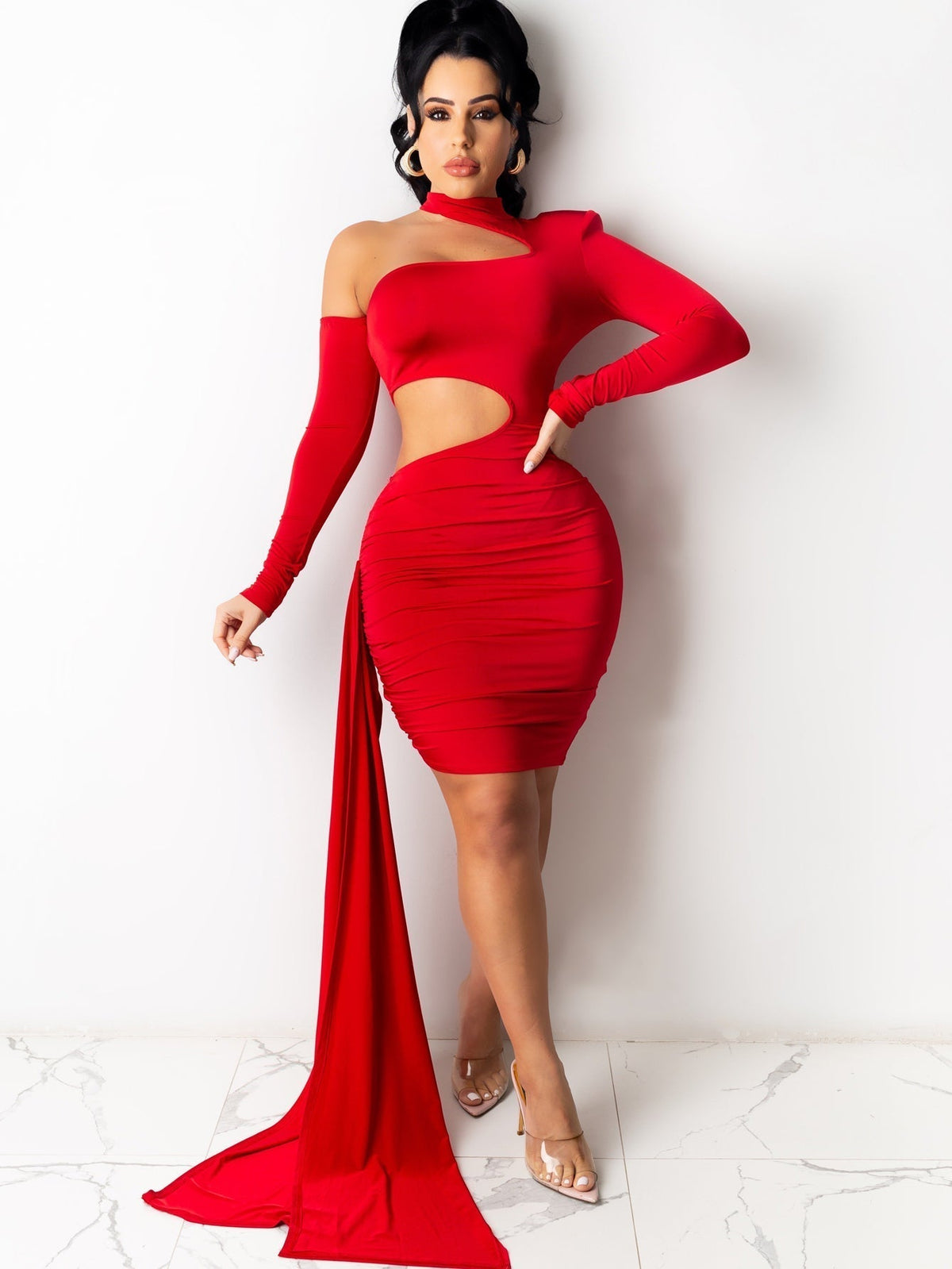 One Shoulder Cutout Long Sleeve Ruched Bodycon Dress