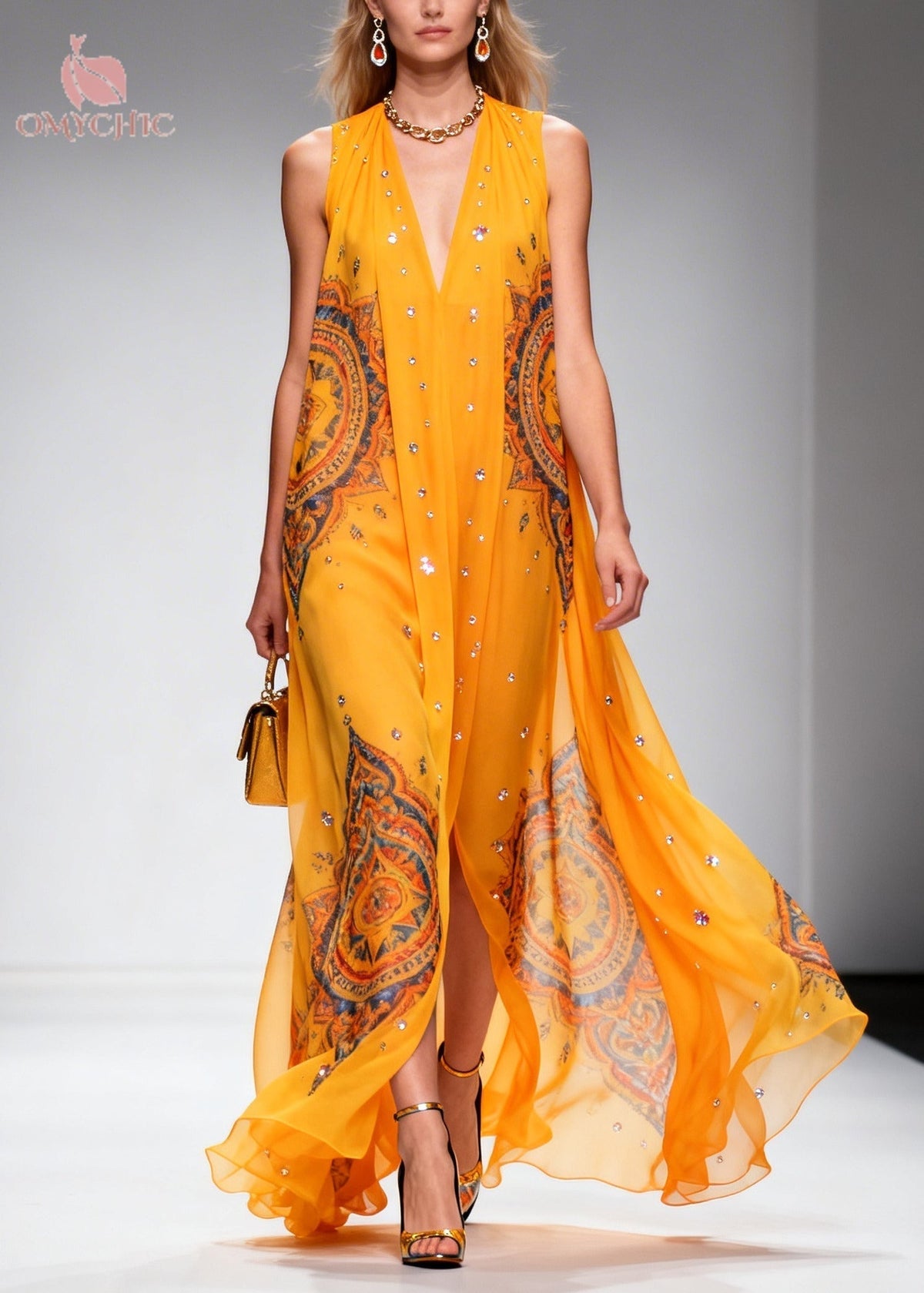 Deep V-Neck Sleeveless Rhinestone Chiffon Flowy Maxi Dress