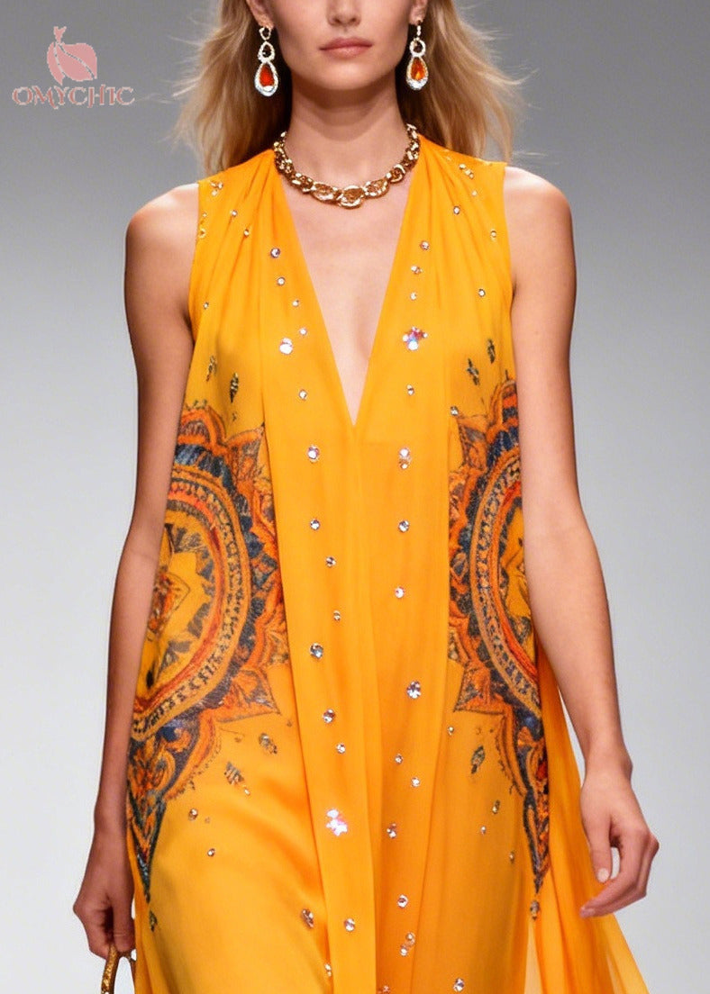 Deep V-Neck Sleeveless Rhinestone Chiffon Flowy Maxi Dress - View 2