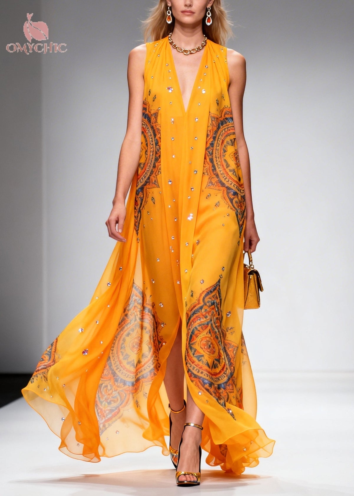 Deep V-Neck Sleeveless Rhinestone Chiffon Flowy Maxi Dress - View 3