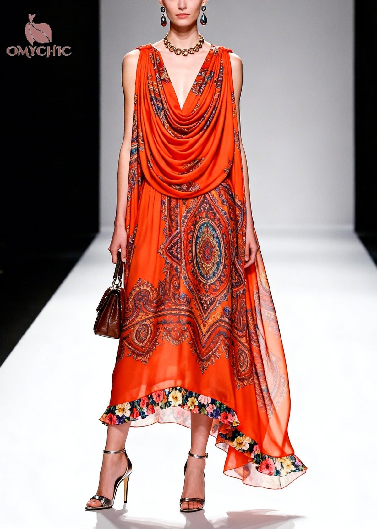 Paisley Print Cowl Neck Sleeveless Floral Ruffle Trim Midi Dress