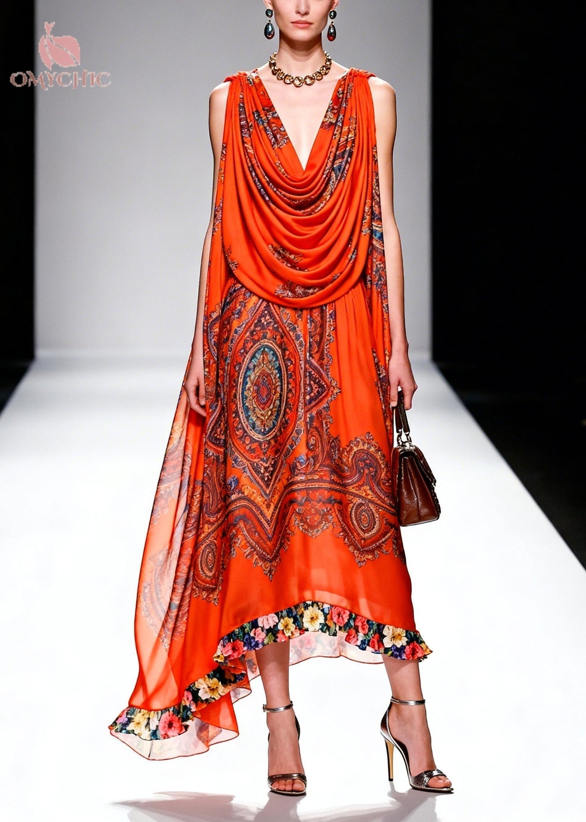 Paisley Print Cowl Neck Sleeveless Floral Ruffle Trim Midi Dress - View 3