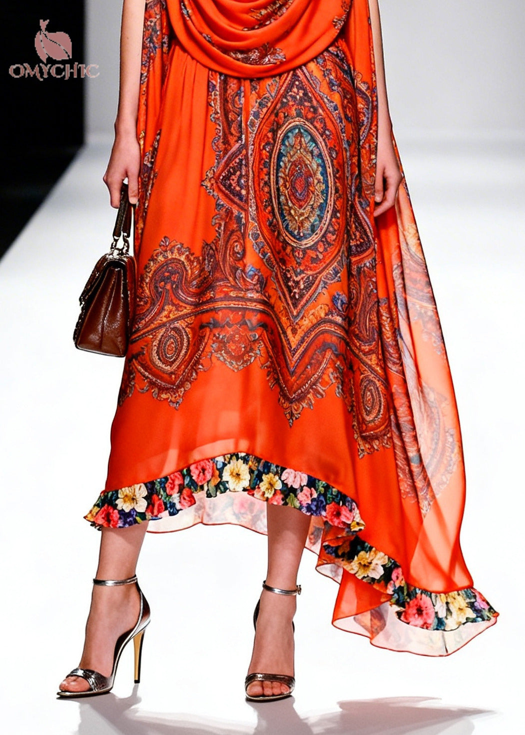 Paisley Print Cowl Neck Sleeveless Floral Ruffle Trim Midi Dress - View 4