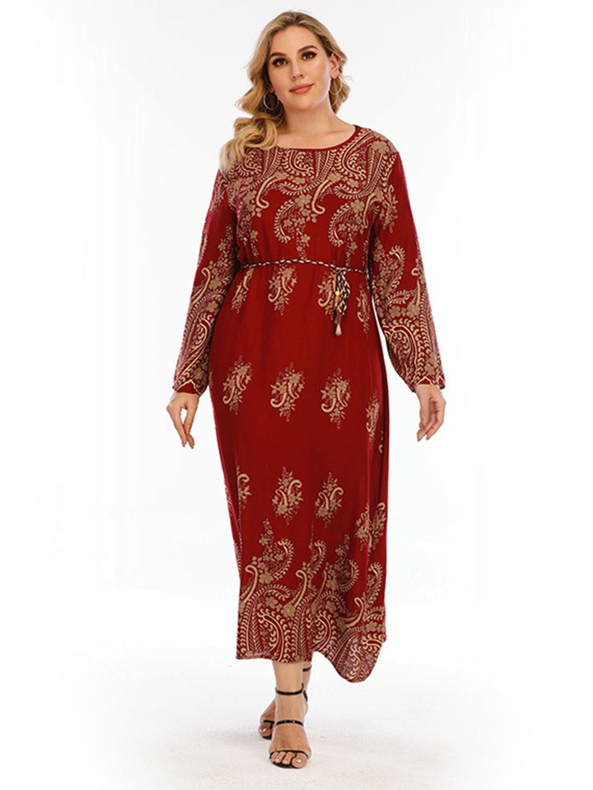 Paisley Print Long Sleeve Belted A-Line Maxi Dress