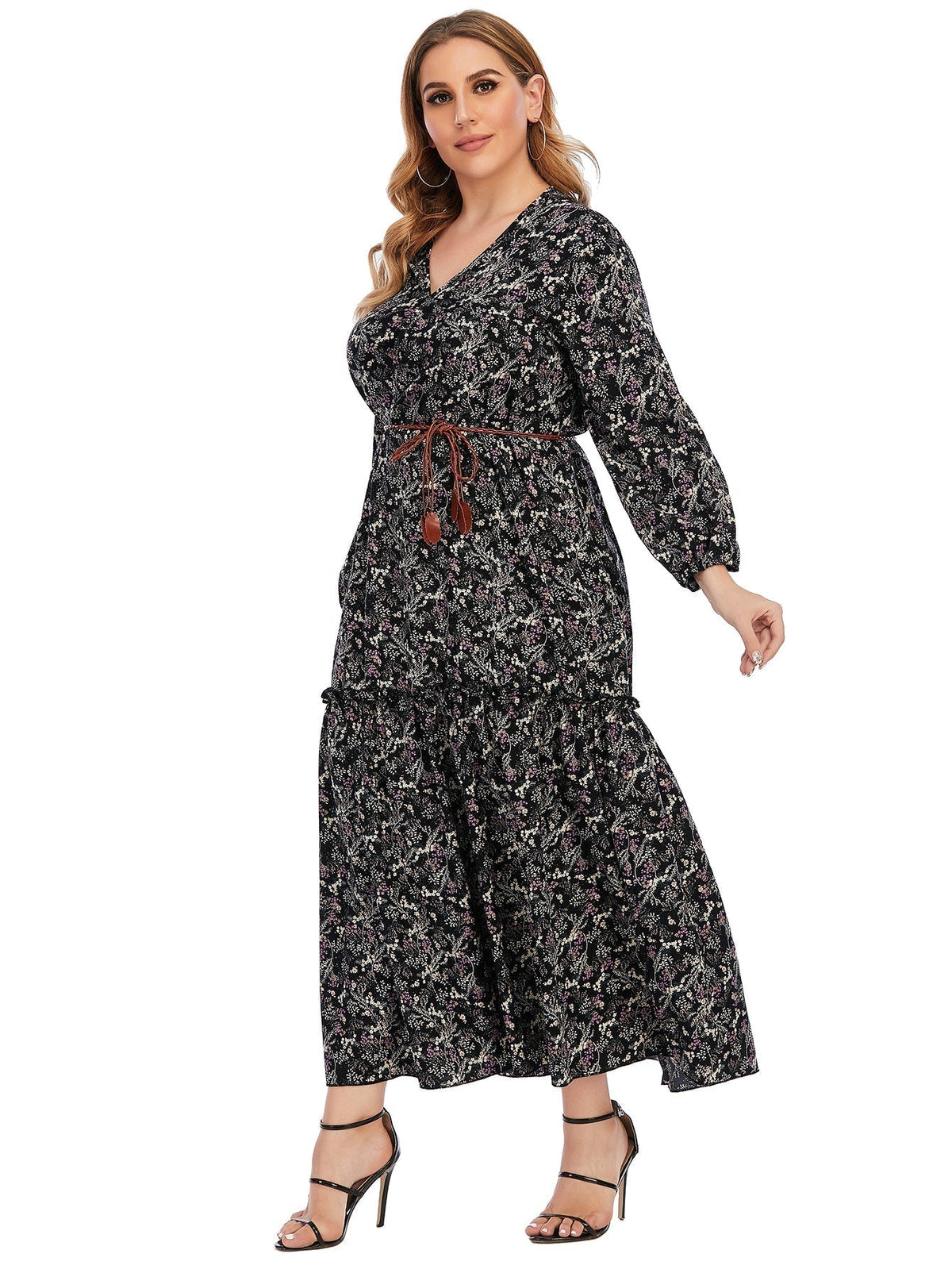Ditsy Floral Print V-Neck Long Sleeve Belted Tiered Maxi Dress