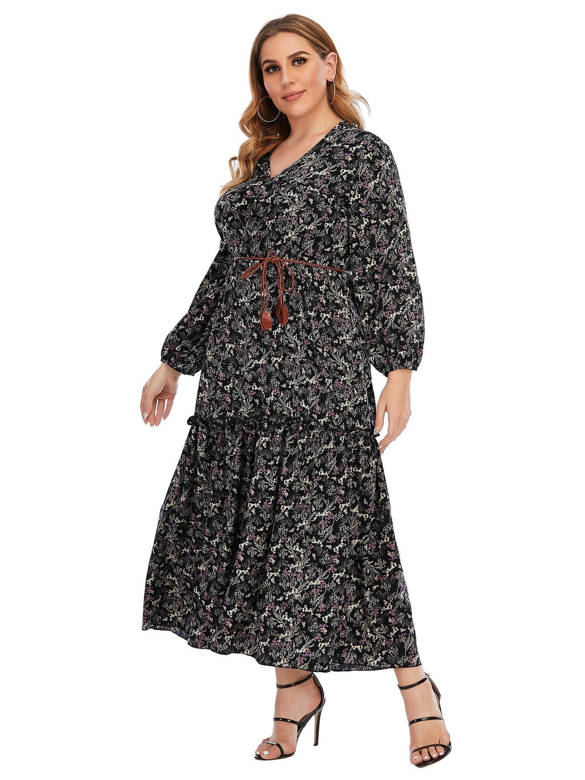 Ditsy Floral Print V-Neck Long Sleeve Belted Tiered Maxi Dress