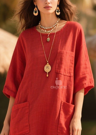 Mesh Panel Crew Neck Half Sleeve Triple Patch Pocket Maxi Dress - View 2