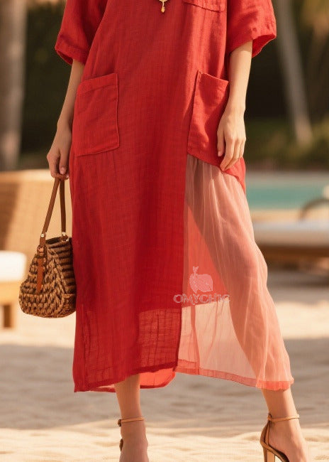 Mesh Panel Crew Neck Half Sleeve Triple Patch Pocket Maxi Dress - View 4