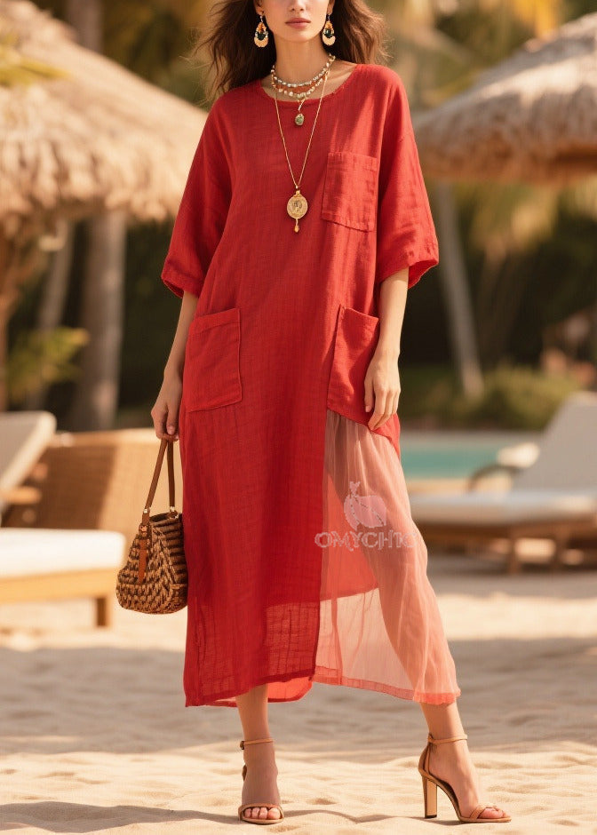 Mesh Panel Crew Neck Half Sleeve Triple Patch Pocket Maxi Dress - View 5